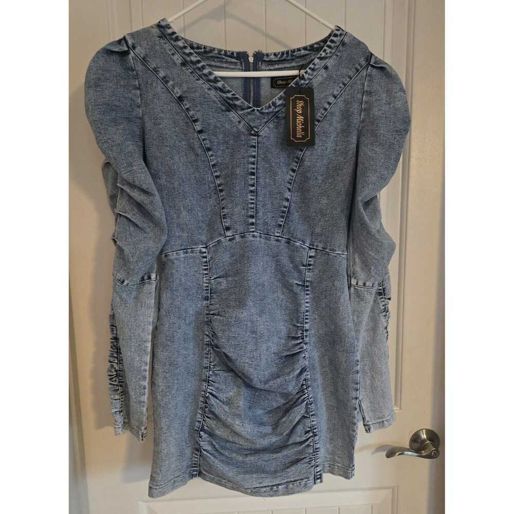 NWT denim ruched front  mini Party Dress in acid wash Large Shop Michella